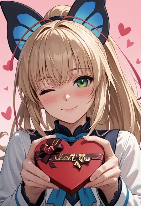 score_4,score_5,score_6,score_7_up,score_8_up,score_9 ((masterpiece,best quality,ultra detailed,highres,HD,4k:1.2)),
1girl, solo,solo focus,girl focus,face focus,
Lumen, blonde hair, light blonde hair, long hair, bangs, green eyes, ponytail, butterfly hair ornament, antennae,
pov,from the front, front view, front angle,
Happy Valentine's Day, Valentine's chocolate, holding wrapped chocolate,
heart background,
blush,((wink:1.1)), smile, happy, shy,closed mouth,