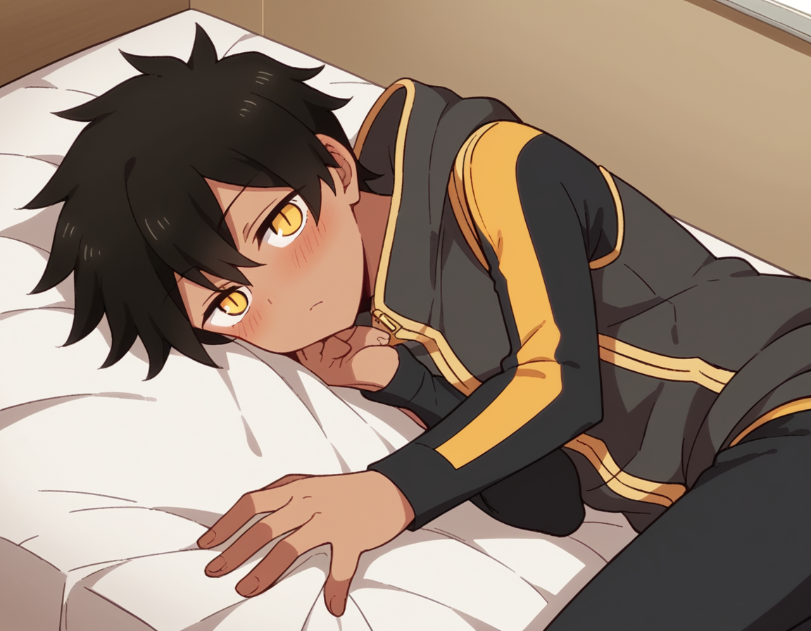 score_9, score_8_up, score_7_up, source_anime,
natsumikurobe, <lora:natsumi-kurobe-s1-ponyxl-lora-nochekaiser:1>,
natsumi kurobe, short hair, black hair, yellow eyes, slit pupils, dark skin, dark-skinned female,
jacket, pants, hood, zipper, tomboy,
indoors, bed, bed room, on side, blush, drunk,
looking at viewer, cowboy shot, solo, dutch angle,