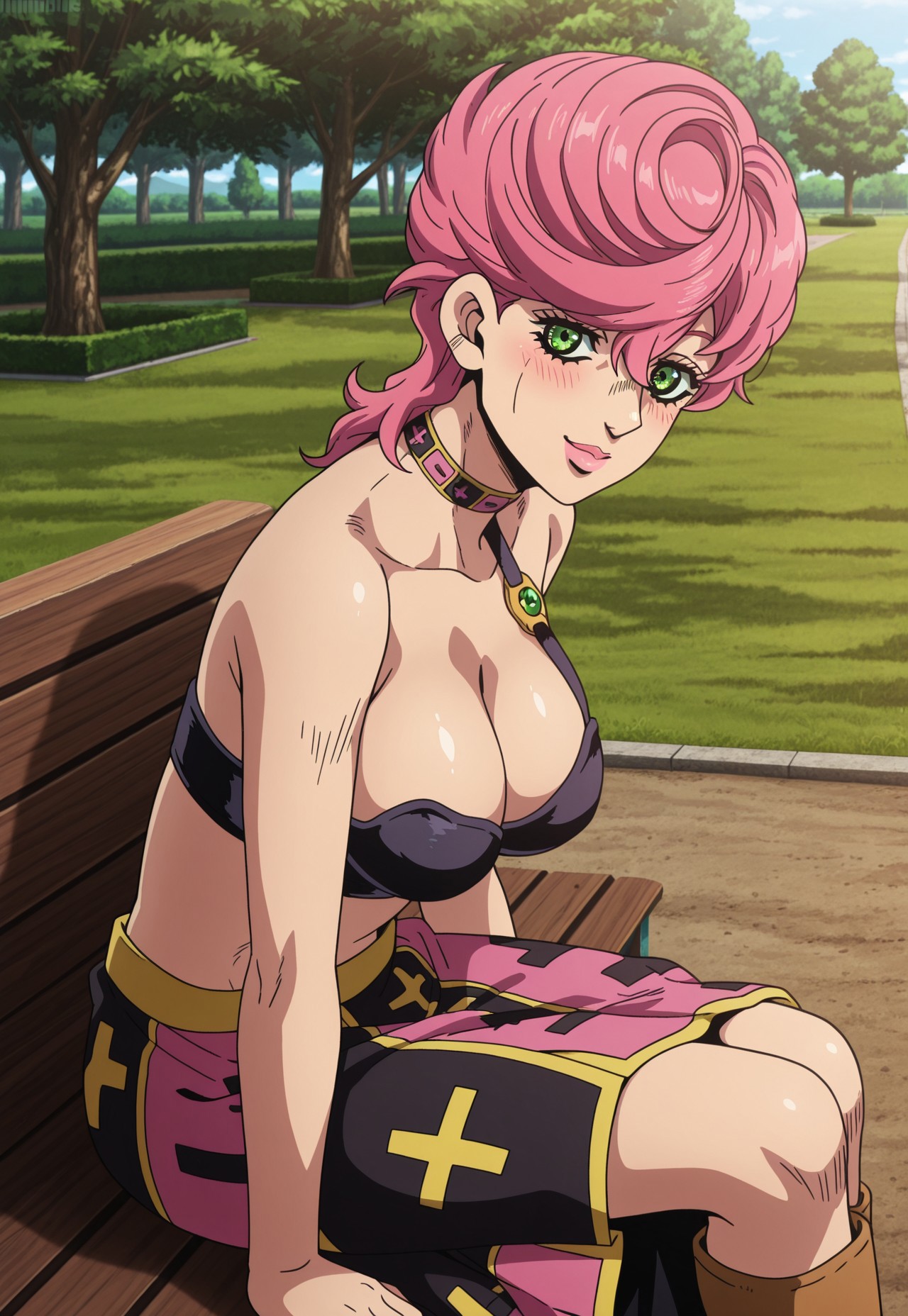 (((1girl,solo))),(masterpiece, amazing quality, best quality),very aesthetic, illustration, perfect composition, intricate details, absurdres, incredibly absurdres,(((TrishUna,Official Style, Anime Coloring,Pink Hair, Green Eyes, Pink Lips, Choker, Black Bra, Single Bra Strap, Big Breasts, Cleavage, Bare Shoulders, Skirt, Long Skirt, Pink Skirt, Black Skirt, Multicolored Skirt, Mathematical Pattern, Kneehigh Boots, Brown Boots))),cowboy shot,blush,outdoors,park,trees,sky,sitting,on bench,from side,looking at viewer,high angle,smile,sfw