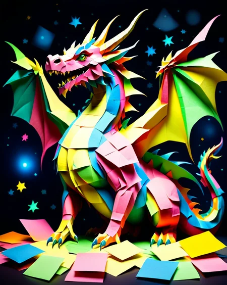 a massive colorful dragon made out of Jed-StickyN, dynamic pose, fantasy, epic, ultra wide shot, zoomed out, front view,
<lora:StickyNotesStyle:1>, <lora:add-detail-xl:0.7>, <lora:sd_xl_dpo_lora_v1:1>, <lora:xl_more_art-full_v1:0.3>, set against a background of a starry sky, <lora:- SDXL - vanta-black_contrast_V3.0:0.7>
