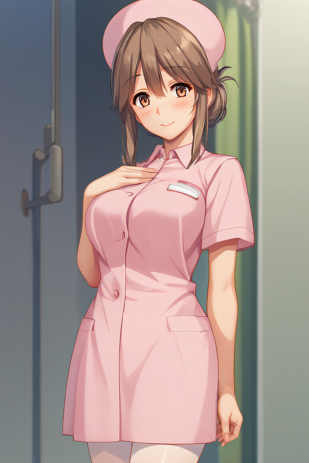 score_9, score_8_up, score_7_up, source_anime, rating_safe, intricate details, anime screencap, official style, 1girl, <lora:Akagi_Mio:1>, akagimio, brown hair, brown eyes, nurse, nurse cap, pink dress, short sleeves, white pantyhose, large breasts, hand on chest, blush, cowboy shot, indoor, looking at viewer, smile