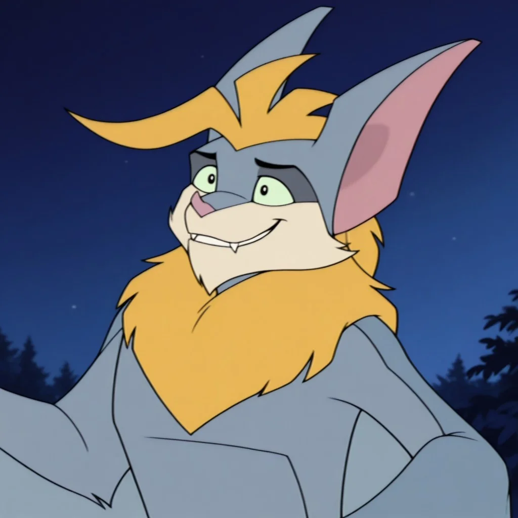 masterpiece, best quality, amazing quality, official artstyle, sh4desilv3r, male, furry male, semi-anthro, solo, bat, yellow hair, short hair, spiked hair, blue-grey fur, yellow fur, green sclera, black eyes, beige muzzle, pink nose, pointed ears, fangs, wings, standing, smile, outdoors, night