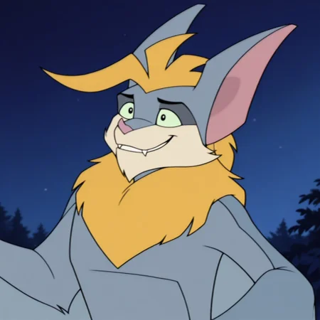masterpiece, best quality, amazing quality, official artstyle, sh4desilv3r, male, furry male, semi-anthro, solo, bat, yellow hair, short hair, spiked hair, blue-grey fur, yellow fur, green sclera, black eyes, beige muzzle, pink nose, pointed ears, fangs, wings, standing, smile, outdoors, night