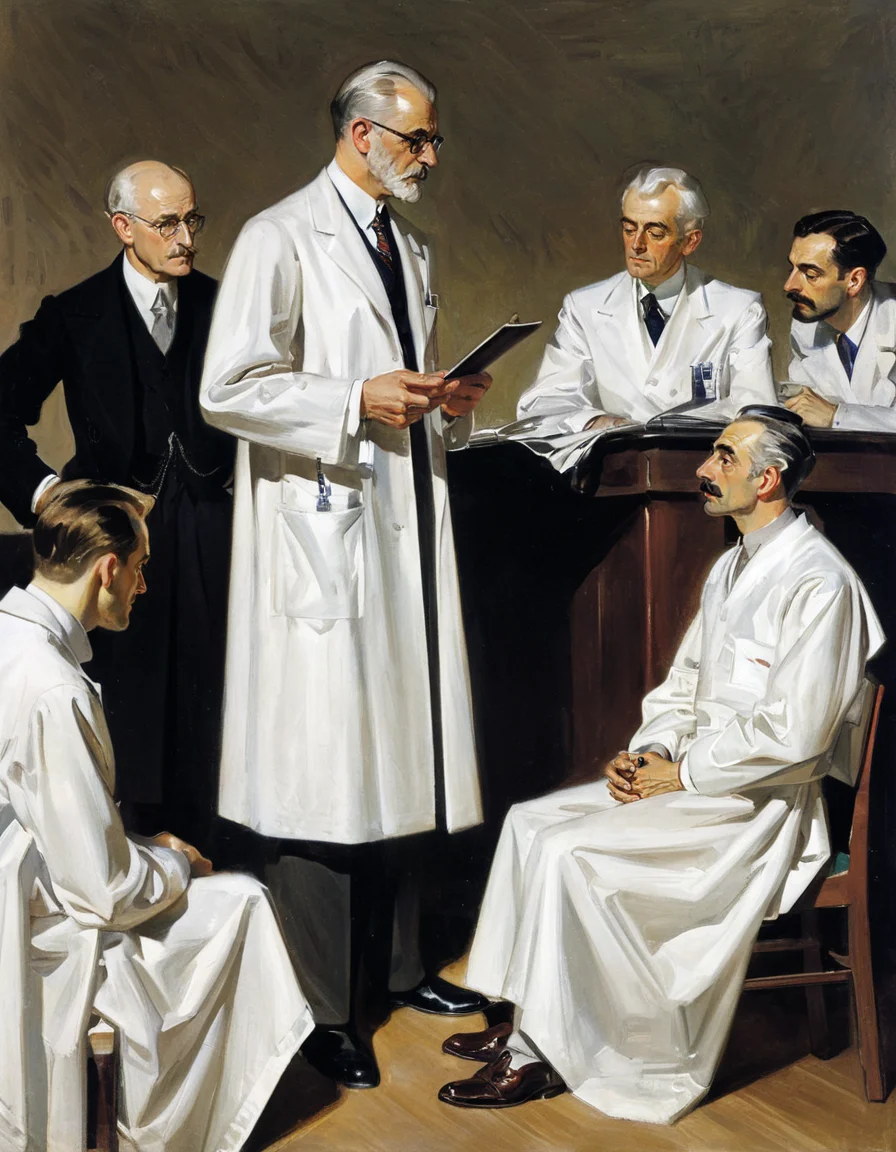 JCLeyendecker painting depicts a medical setting, likely an operating theater or teaching environment, with figures observing a procedure or presentation. In the foreground, a tall, older male figure in a white smock stands prominently. He has a substantial white mustache that curls upward and his gaze is directed towards the viewer, making him the focal point. His posture is upright and authoritative, with one hand resting on his hip. To his left, slightly behind him, sits a younger man in a suit, with his arms crossed and a pair of glasses in his hand. This figure appears to be part of the audience, intently watching the scene. Above the main figures, several men are seated on a raised tier, observing the proceedings. These men are dressed in suits, suggesting they are medical professionals or students. Their expressions are a mix of attentiveness and contemplation, indicating their involvement in the medical context. The painting's style is reminiscent of early 20th-century academic art, with a focus on realism and accurate depiction of the figures. The color palette is muted, consisting primarily of browns, whites, and grays, which gives the painting a somber and serious tone. The brushstrokes are visible, adding texture and depth to the scene. Overall, the painting captures a moment in medical history, highlighting the importance of observation, instruction, and expertise in the field of medicine. The composition and arrangement of figures create a sense of hierarchy and emphasize the central role of the medical professional or instructor in the foreground. <lora:JCLeyendecker1-000001:1>
