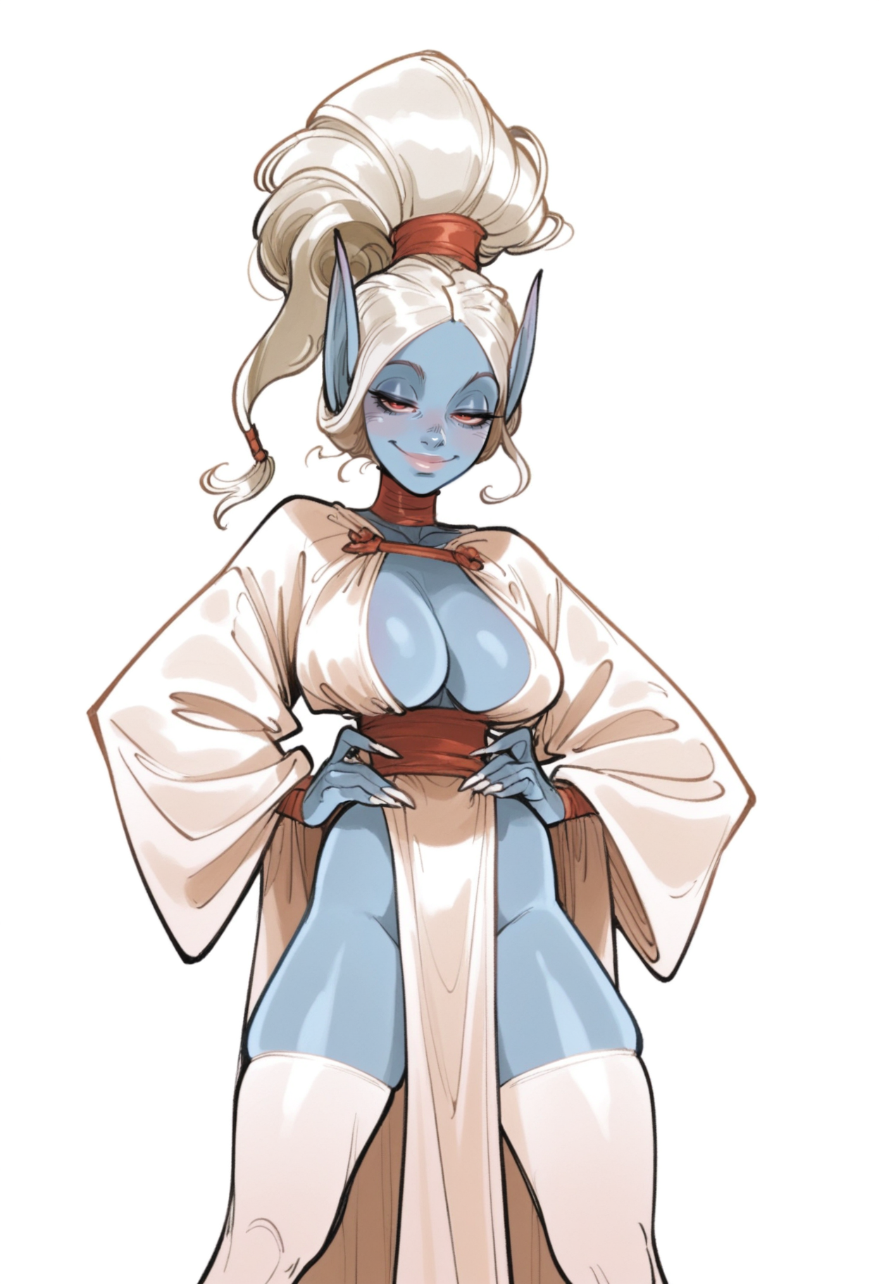 1girl, dark elf, blue skin, white hair, long hair, long ponytail, red eyes, curvy, large breasts, lips, white nails, long nails, white robe, revealing robe, white thighhighs, standing, spread legs, hands on own hips, smile, closed mouth, half-closed eyes, looking at viewer, close-up, solo, white background, simple background, medieval fantasy,
, <lora:AlessandroBarbucciILV1:0.9>, masterpiece, best quality, amazing quality,