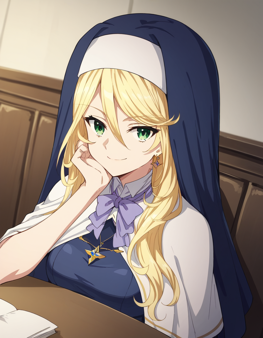 score_9, score_8_up, score_7_up, source_anime, <lora:sharon-holygrail-s1-ponyxl-lora-nochekaiser:1>, sharon holygrail, long hair, blonde hair, hair between eyes, green eyes,, bow, jewelry, earrings, bowtie, necklace, purple bow, nun, habit, purple bowtie, capelet, white capelet,, indoors, smile, looking at viewer, solo, sitting, head rest, table,, cowboy shot, dutch angle