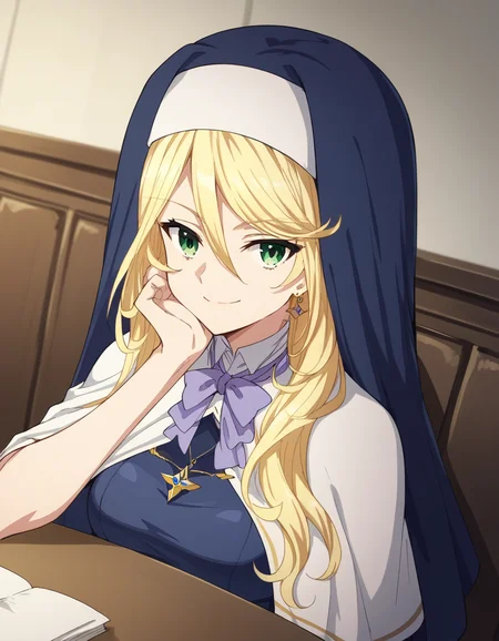 score_9, score_8_up, score_7_up, source_anime, <lora:sharon-holygrail-s1-ponyxl-lora-nochekaiser:1>, sharon holygrail, long hair, blonde hair, hair between eyes, green eyes,, bow, jewelry, earrings, bowtie, necklace, purple bow, nun, habit, purple bowtie, capelet, white capelet,, indoors, smile, looking at viewer, solo, sitting, head rest, table,, cowboy shot, dutch angle