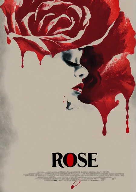 cinexart (title: "ROSE") a rose flowing with red liquid, a woman in the background movie poster <lora:cinexart:1>
