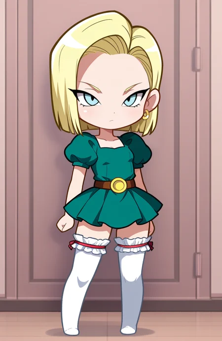 1girl, solo, full body,
android 18, blonde_hair, blue eyes, green dress, pleated dress, micro dress, short puffy sleeves, red frilled thighhighs, no shoes,
<lora:ShantaeChibi:1> shntchibi, petite, chibi, standing, extremely detailed, highres, masterpiece, best quality