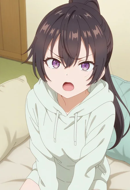 masterpiece,best quality,amazing quality,
, yuki suou, long hair, black hair, purple eyes, 1girl, solo, ponytail, looking at viewer, open mouth, indoors, hair between eyes, pillow, hood, hoodie, brown hair, anime coloring