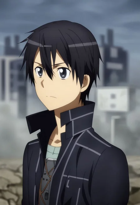 high resolution, professional photography, solo, best quality, 1Boy, Kazuto Kirigaya, Black Hair, Black Eyes, shallow depth of field, Post-Apocalyptic, survival, OverallDetail