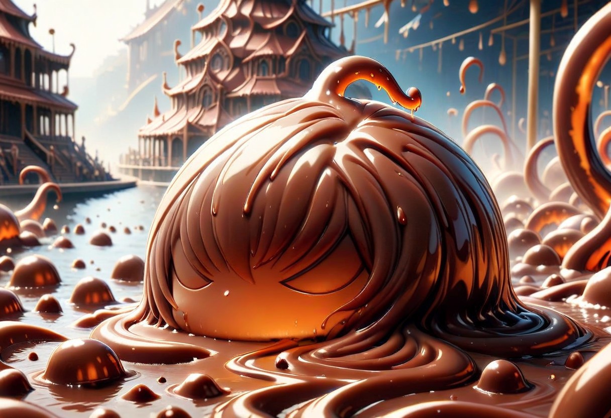 (masterpiece, 3D:1.2), (score_9, score_8_up, score_7_up,source_anime), (ultra-detailed,24K), best quality, CG, illustration, 
slime morph, 
close-up, backlighting silhouette, 
no human, 
chocolate slime, Slime made of liquid chocolate, numerous tentacles, 
red wreath, red ribbon, 
amusement park, outdoor, 
ultra-detailed background,