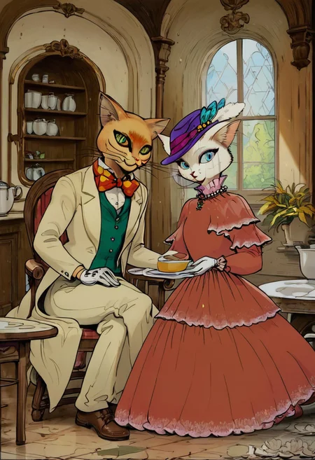 score_9, score_8_up, score_8, cute, in the style of beatrix potter, cel-shading, fca style, baroness louise, white fur, cat, female cat, blue eyes, anthro, gloves, purple hat, elegant hat, red dress, looking at viewer, beautiful eyes, 1girl, BREAK
baron humbert, ginger fur, blue eyes eyes, cat, male, anthro, suit, tuxedo, blue blow-tie, white gloves, 1boy, BREAK
duo, indoors, victorian house, sitting at chair, table, kitchen, woth design