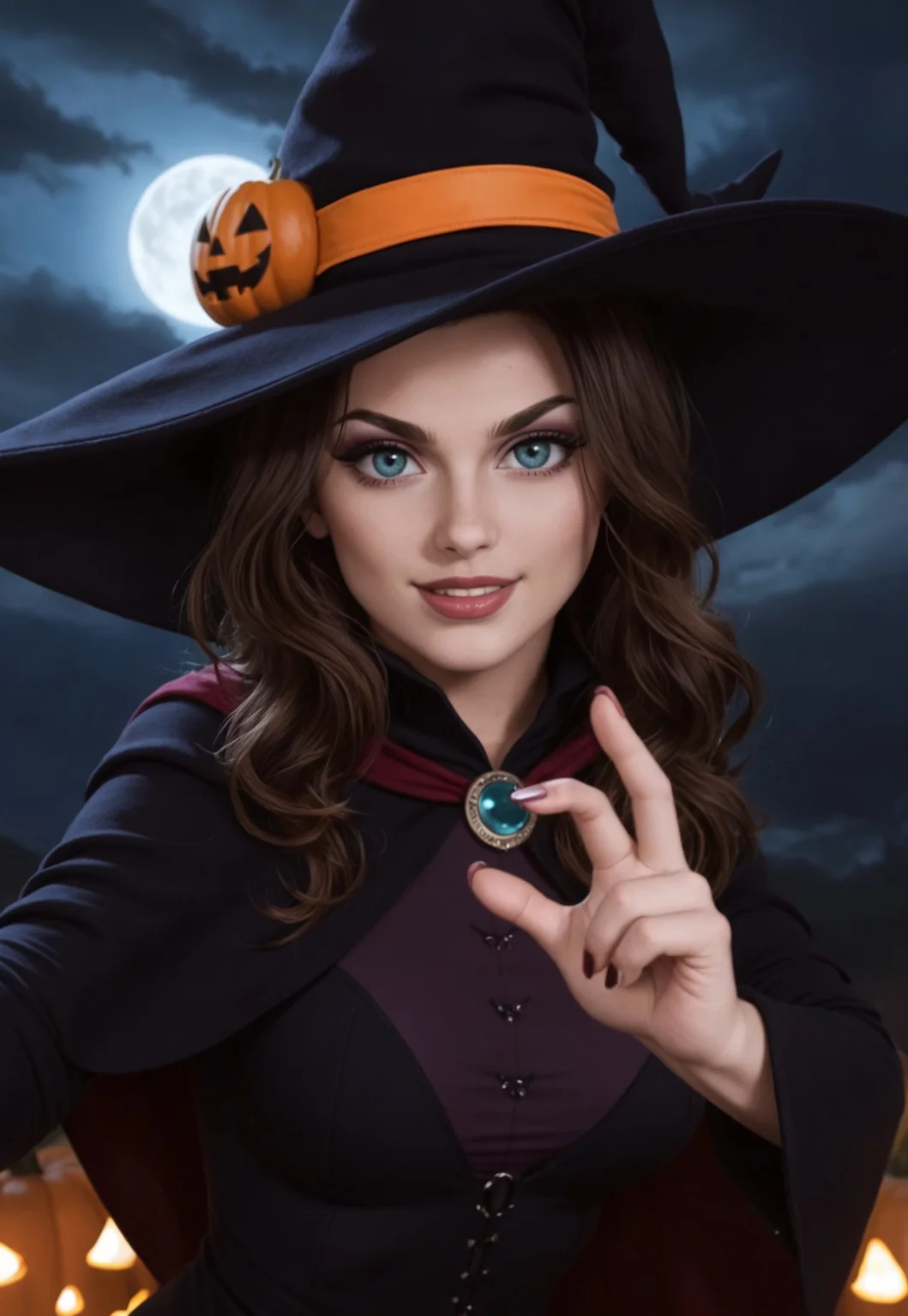 Afantasy painting, sorcery, witchcraft, A beautiful kind witch, enjoying Halloween night as a happy celebration.
(((witch hat, portrait)))
(((full clothed, action pose)))
<lora:DandonFuga_Style_v.2_-_Pony:0.8>