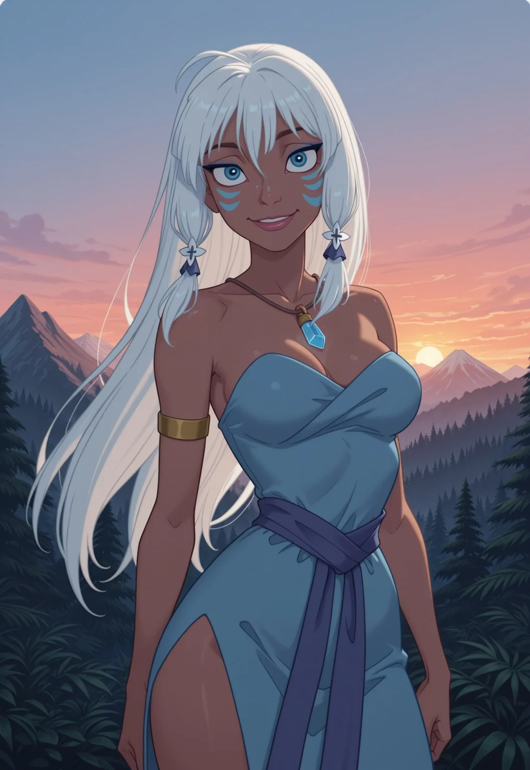 official art, newest, detailed background, cowboy shot, 4k, 8k, masterpiece, high quality, best quality, amazing quality, very aesthetic, newest, sharp lines, shaded, absurdres, volumetric lighting, highly detailed eyes, intricate details, flat colors, 
break,
 jewelry, looking at viewer, smile, front view, outdoors, forest, mountain background, sunset, 
break,
   <lora:Princess_Kidagakash_-_Disney_Illustrious:1>
[1girl, curvy, kidaxd, long hair, dark-skinned female, white hair, lips, makeup, dress, tribal, medium breasts,  very as2].