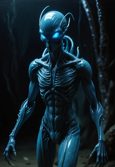 (medium full shot) of (unsettling alien) with translucent blue armored skin, cybernetic implants, crystalline body, luminous heterochromia eyes, long thin antennae, bioluminescent limbs, spines along back, set in a dark underwater realm, featuring deep trenches, glowing creatures, an ominous vibe , during an alien storm, Masterpiece,best quality, photo, realistic, very aesthetic, detailed face,