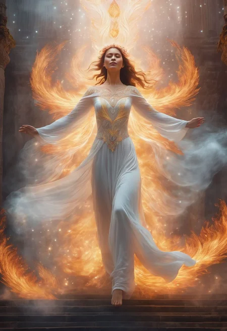 Fantasy, mesmerizing design, ascending spirit woman, arms of spirit being spread out, white transparent body in mist, transparent radiant light on her body, fire flame at the end of each arm, beautiful fire flowers around the perimeter, transition to another world in the back, 8k