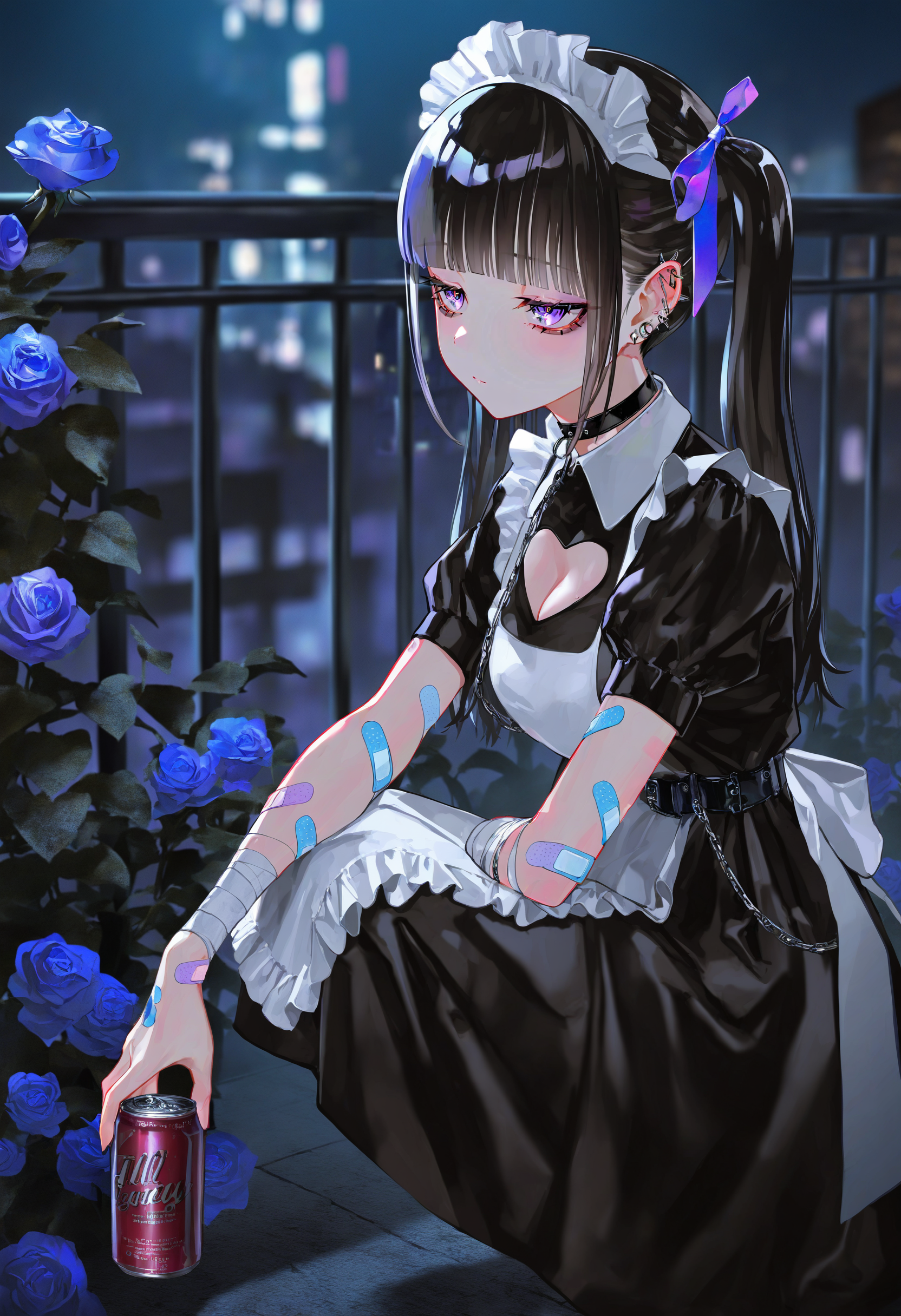artist:[diyokama|say hana|yoneyama mai|lam \(ramdayo\)],
jirai kei, original, 1girl, solo, black hair, maid headdress, purple eyes, long hair, twintails, maid apron, night, black choker, outdoors, white apron, puffy short sleeves, hair ribbon, ear piercing, chain, jewelry, blush, railing, blurry background, bandaged arm, blue rose, purple flower, depth of field, holding can, bandaid on arm, cleavage cutout, building, frilled apron, black dress, collared dress, blunt bangs, dark, squatting, from side, half-closed eyes, bags under eyes,
masterpiece, best quality, very awa, absurdres
<lora:noobai_vpred_1_masterpieces_v1:1>