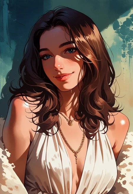 score_9, score_8_up, score_7_up, score_6_up, source_cartoon, 1girl, female, solo, femenine, petite, lean, pale skin,, soaking wet hair, smile, diaphonous white dress, bronze necklace, medium breasts, female focus, official style, close up, perfect anatomy, perfect face, standing,  abstract beauty, beautiful, centered, looking at the camera, approaching perfection, dynamic, moonlight, highly detailed, watercolor painting, artstation, concept art, smooth, sharp focus, illustration, portrait