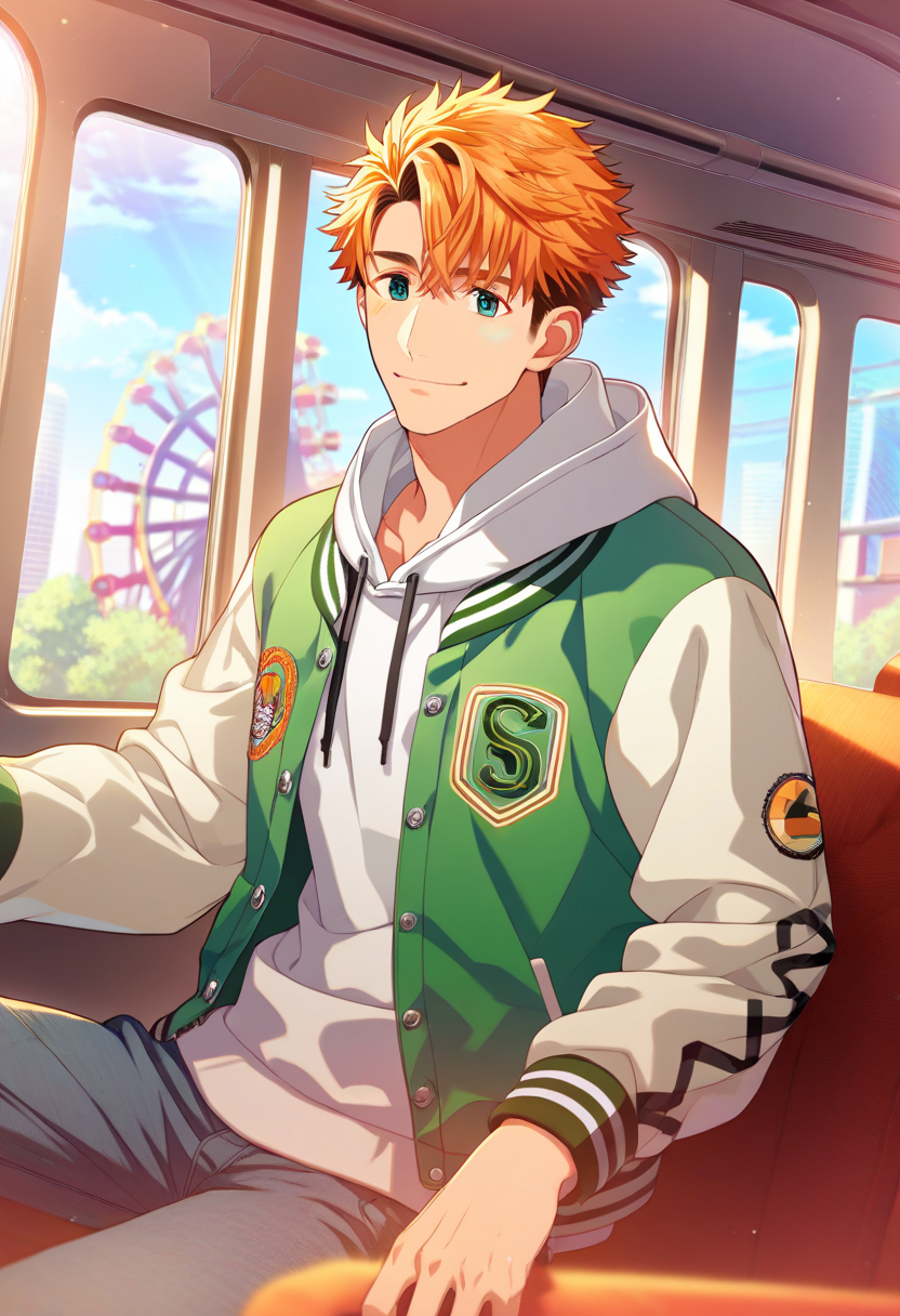 1boy, male focus, 
,((zPDXL)), score_9_up, score_8_up, score_7_up, score_6_up, score_5_up, score_4_up, best quality, amazing quality, best aesthetic, absurdres, year2023, uncensored, nsfw, official art, official style, depth of field, detailed eye,
<lora:Character - StaOke - Takuto Akabane:0.8> green eyes, orange hair, takuto
ferris wheel interior, looking at viewer, smile, sitting, pants, 
takutospring1, white hoodie, hood, open jacket, green letterman jacket,