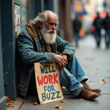 Let's create a homeless guy sitting on the sidewalk with tattered and torn clothing with a beggers sign with "WILL WORK FOR BUZZ" TEXT [GIVE THIS IMAGE VIBRANT 8K COLORING]