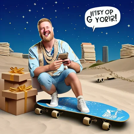chest hair, smile, box, smartphone, book stack, building, one eye closed, shoes, pointing at viewer, pointing, night sky, sand, microphone, earrings, skateboard, gift, animal print, realistic