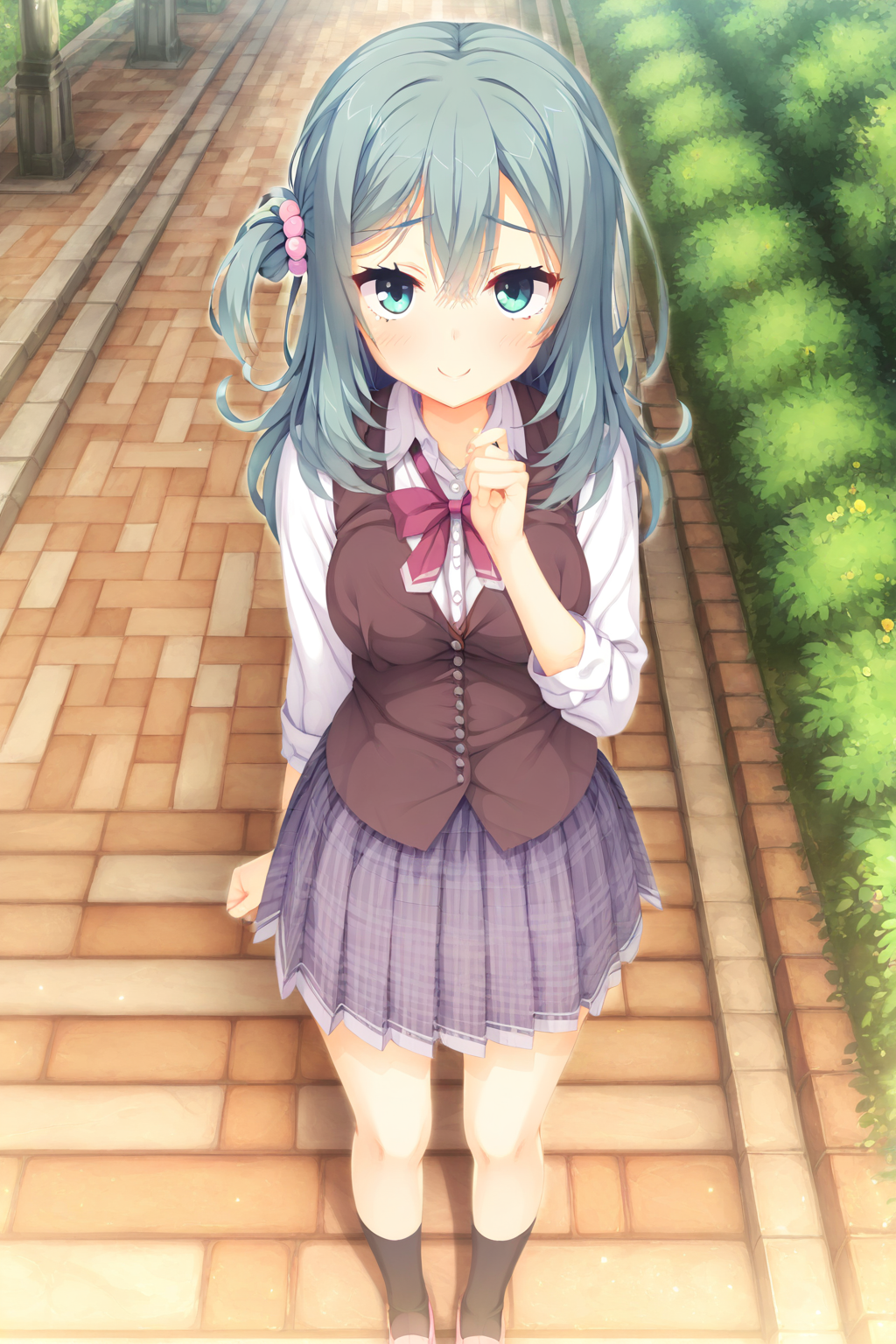 masterpiece,best quality,good quality,rating safe,, <lora:Shikibe_Mayuv1-ill_narcissu:1>, 1girl,solo,shikibe mayu, riddle joker, hair beads, long hair, pink scrunchie, hair between eyes, hair ornament, aqua hair, wavy hair, one side up, aqua eyes, double-parted bangs, school uniform, plaid skirt, pleated skirt, frills, white shirt, brown vest, grey skirt, long sleeves, black socks, pink footwear,standing,smile,looking at viewer,blush,upper body,outdoor