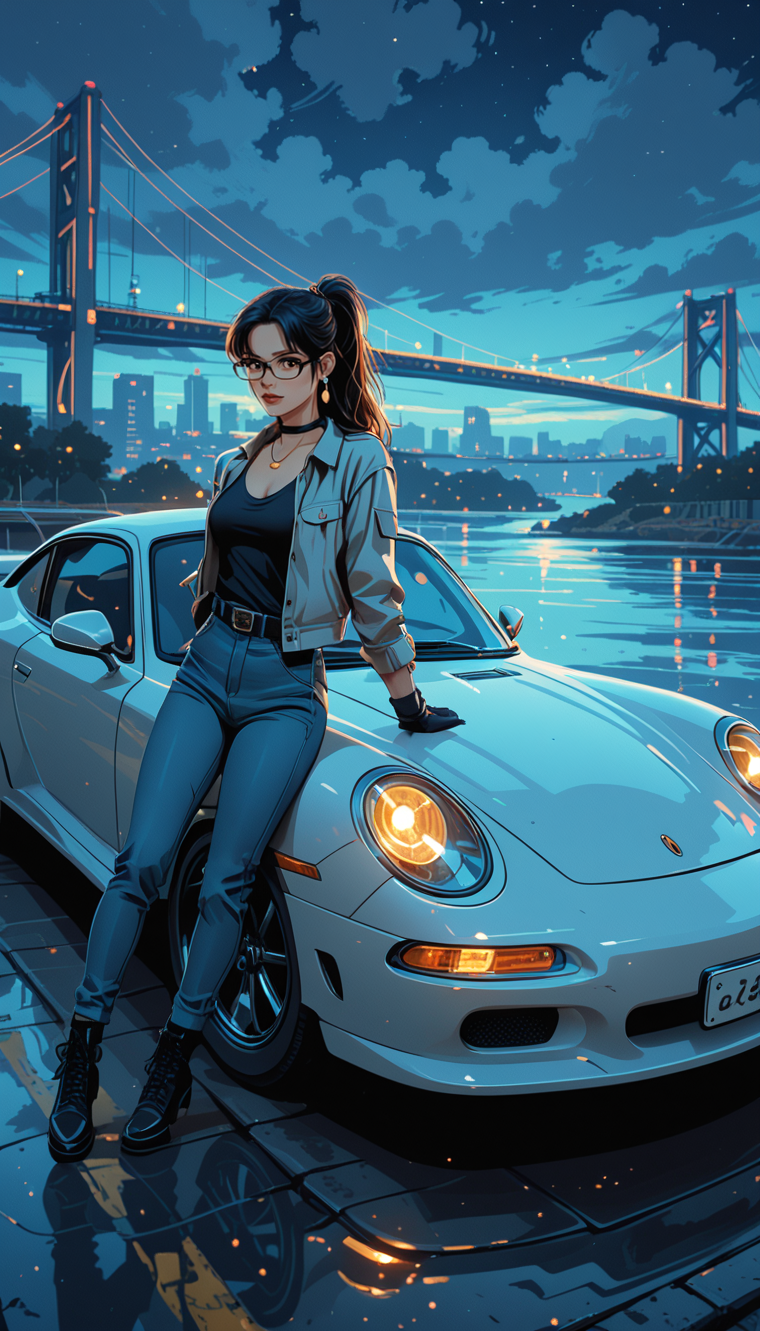 masterpiece, Shinkaistyle,
pinkretroanime, retro art,
Cyberpunk Style, cyberpunk, science fiction, hi tech, future tech, neon, (Cybernetics:1.25), (Neon Cityscape:1), (lineless:1.5), smooth edges, tall body, slender body, fit body, long legs, The image portrays a dynamic night scene featuring a female character standing confidently beside a silver sports car, porsche carrera 924s. The character has dark hair and is dressed in a black and white top, blue jeans, and black boots. She holds her left hand on her hip while leaning slightly forward with her right arm resting on the car's door. The car itself is sleek and well-maintained, with the brand visible on its side. The character appears to be in motion, possibly posing for a photo, given the dynamic pose. Behind her, a city skyline stretches across the background under a canopy of dark blue night skies. The bridge is illuminated by street lights, creating a soft glow against the night. The image has a cinematic quality to it, with a focus on light and shadow that emphasizes the character and her car. The lighting is artificial, coming primarily from the car's headlights and the city lights, which contrast with the darker areas of the photo to create depth. There are also subtle reflections on the wet road, suggesting recent rainfall, which adds a reflective quality to the overall composition. The style of the image is reminiscent of promotional car photography, enhanced by the inclusion of a human element in the form of a model. The use of vibrant colors and high-quality lighting creates a sense of realism and suggests an urban environment after dark., 1girl, solo, long hair, breasts, looking at viewer, smile, bangs, brown hair, shirt, black hair, gloves, long sleeves, cleavage, brown eyes, jewelry, medium breasts, closed mouth, standing, collarbone, jacket, full body, ponytail, earrings, boots, outdoors, open clothes, sky, shoes, glasses, choker, belt, pants, cloud, water, necklace, black footwear, black eyes, collar, open jacket, tree, sketch, looking to the side, black shirt, night, glowing, arm support, black choker, white jacket, cloudy sky, denim, blue jacket, ground vehicle, building, star \(sky\), night sky, scenery, motor vehicle, reflection, jeans, city, grey jacket, fence, railing, blue pants, leaning back, car, bridge, vehicle focus, ripples, river, city lights, lights, leaning on object, sports car, reflective water, denim jacket