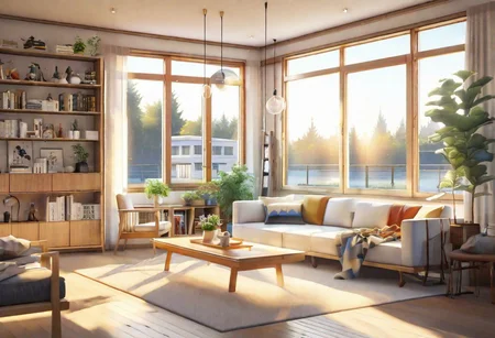 anime-style, modern-style interior, with white walls and large windows, Nordic-style furniture, a  study, Sofa, coffee table, bookcase, single wall, 
warm light morning sun, the view of the city