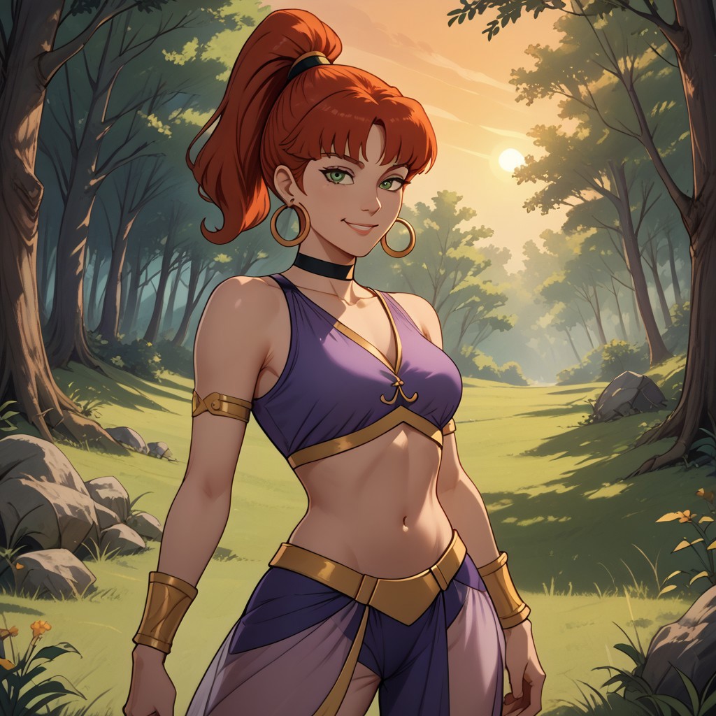 score_9, score_8, BREAK, Jeannie, red hair, hair in a high ponytail, hoop earrings, black choker, wears a purple Genie outfit with green highlights, midriff, crop top, navel, brown shoes, sexy pose, self portrait, smile, outdoors, sunlight, shadows, evening lighting, natural lighting, forest, trees, grass, orange sky, sunset