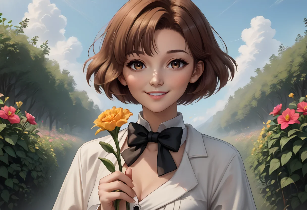 score_9,score_8_up,score_7_up,score_6_up,score_5_up,score_4_up,<lora:Anime_Style_For_Pony:0.5>,source_anime,perfect eyes,<lora:Zeta_Pony:0.7>,zeta,1girl,bad hands,black bow,black bowtie,bow,bowtie,brown eyes,brown hair,bush,flower,gold osmanthus,holding,holding flower,looking at viewer,outdoors,short hair,sidelocks,sky,smile,upper body,white sky,