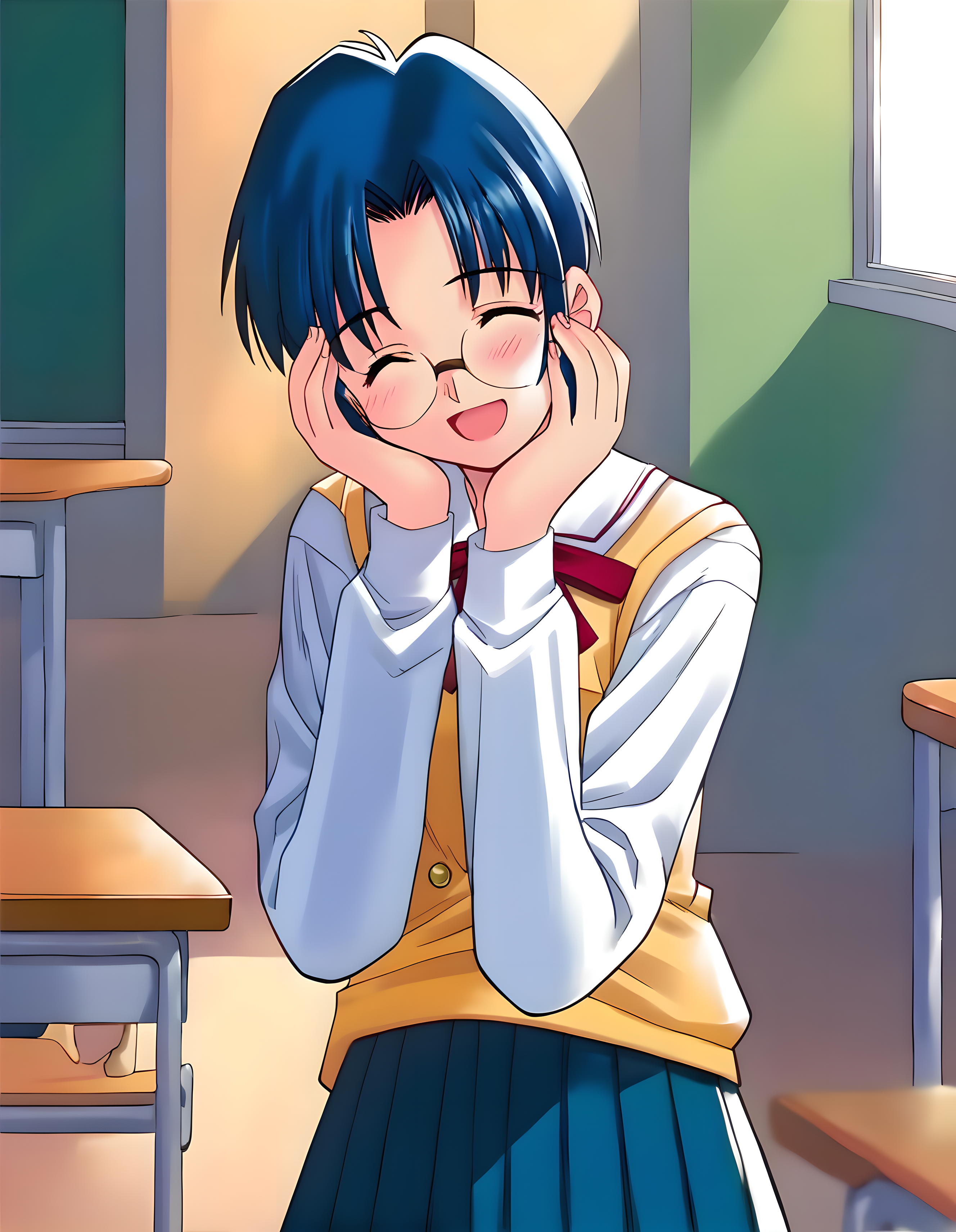 <lora:pony_xl_orig.ciel:0.9>,orig.ciel,score_9,score_8_up,score_7_up,source_anime,best quality,masterpiece,super fine illustration,1girl,solo,glasses,school uniform,yellow vest,long sleeves,bow,white shirt,blue skirt,pleated skirt,smile,closed eyes,open mouth,light_blush,standing,hands on own face,indoor,classroom,cowboy_shot,