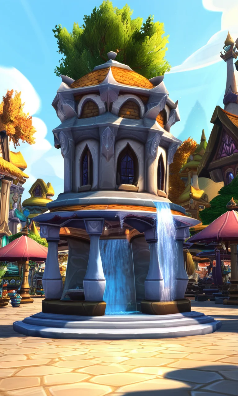 score_9, score_8_up, score_7_up, rating_safe BREAK, world of warcraft, cozy town, shops, trees, fountain, warcraftstyle, scenery, toony, detailed, <lora:WarcraftStyle_v2-000004:0.75>