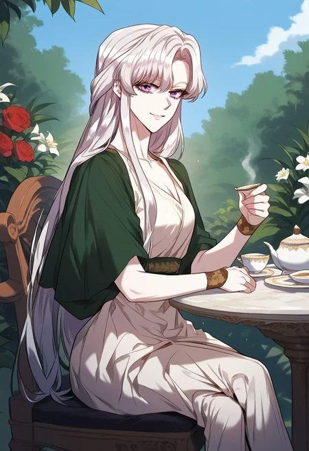 zPDXL3, score_9_up, score_8_up, score_7_up, (Anime_source), 1girl, Roselyn, purple eyes, white hair, long hair, Lunch outfit, updo hair, sitting on chair, table, tea, outside, garden, looking at viewer, smile, from side, crossed leg, cowboy shot