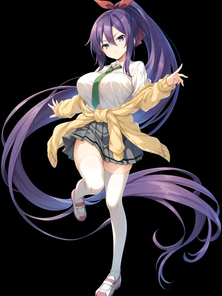 <lora:ESCUDE_-_Haison_Shoujo:1>,escude,osakabe,thighhighs,skirt,breasts,long hair,clothes around waist,school uniform,necktie,white thighhighs,pleated skirt,large breasts,very long hair,shirt,ribbon,hair ribbon,green necktie,grey skirt,purple hair,white shirt,ponytail,red ribbon,sweater around waist,shoes,hair between eyes,blue eyes,black background,simple background,, score_9, score_8_up, score_7_up,source_anime,(masterpiece),(best quality),(ultra-detailed),(best illustration),(best shadow),(absurdres),(detailed background),(very aesthetic),source_anime