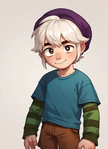 score_9, score_8_up, score_7_up, 1boy, <lora:bs_gus:1> bsgus ,green sleeves , blue shirt ,brown shorts , white hair ,Striped sleeves ,purple headwear , looking at viewer, <lora:PossumMachine:1>posmach , light smile,