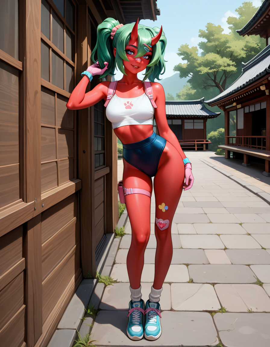 masterpiece, best quality, very aesthetic, absurdres,
outdoors,
full body, standing, posing, 
seductive smile, parted lips, long eyelashes,
 <lora:Nemia_v01_NAIXL:1>,
N4m14,1girl,solo,green hair,oni horns,twintails,hair ornament,hairclip,hair between eyes,blue eyes,bandaid on face,colored skin,red skin,