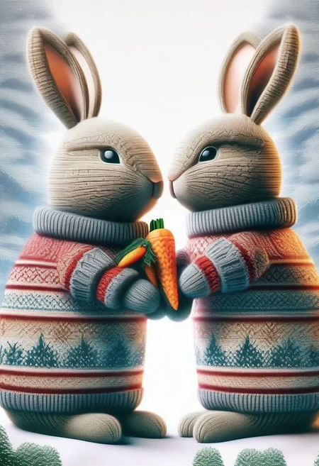 a pair of rabbits in ChristmasSweater style theme in a forest of snow and holding ChristmasSweater style carrots