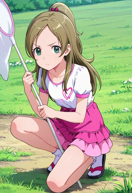 masterpiece, best quality, absurdres, very aesthetic, general,
minamino kanade, csalsmmr, 1girl, long hair, hand net, green eyes, butterfly net, half updo, solo, grass, brown hair, eyelashes, pink skirt, green background, ponytail, hair bobbles, hair ornament, blonde hair, shoes, looking at viewer, kneeling, white shirt, one knee, squatting, multiple girls, blue eyes, full body, net, serious, holding, miniskirt, socks, frown, closed mouth, shiny hair, outdoors, light brown hair, pink bow, layered skirt, heart print, collarbone, puffy short sleeves, green hair, sandals
<lora:cure_rhythm_minamino_kanade_illustXL_locon_v1:0.7>