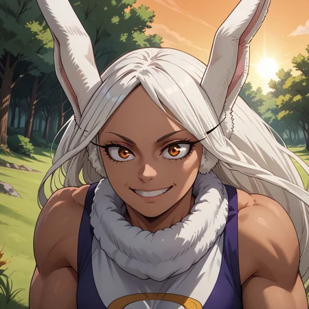 score_9, score_8, BREAK, Mirko, dark-skinned rabbit girl, rabbit ears, dark skin, dark skin female, boku no hero academia, anime screencap, sexy pose, self portrait, smile, outdoors, sunlight, shadows, evening lighting, natural lighting, forest, trees, grass, orange sky, sunset