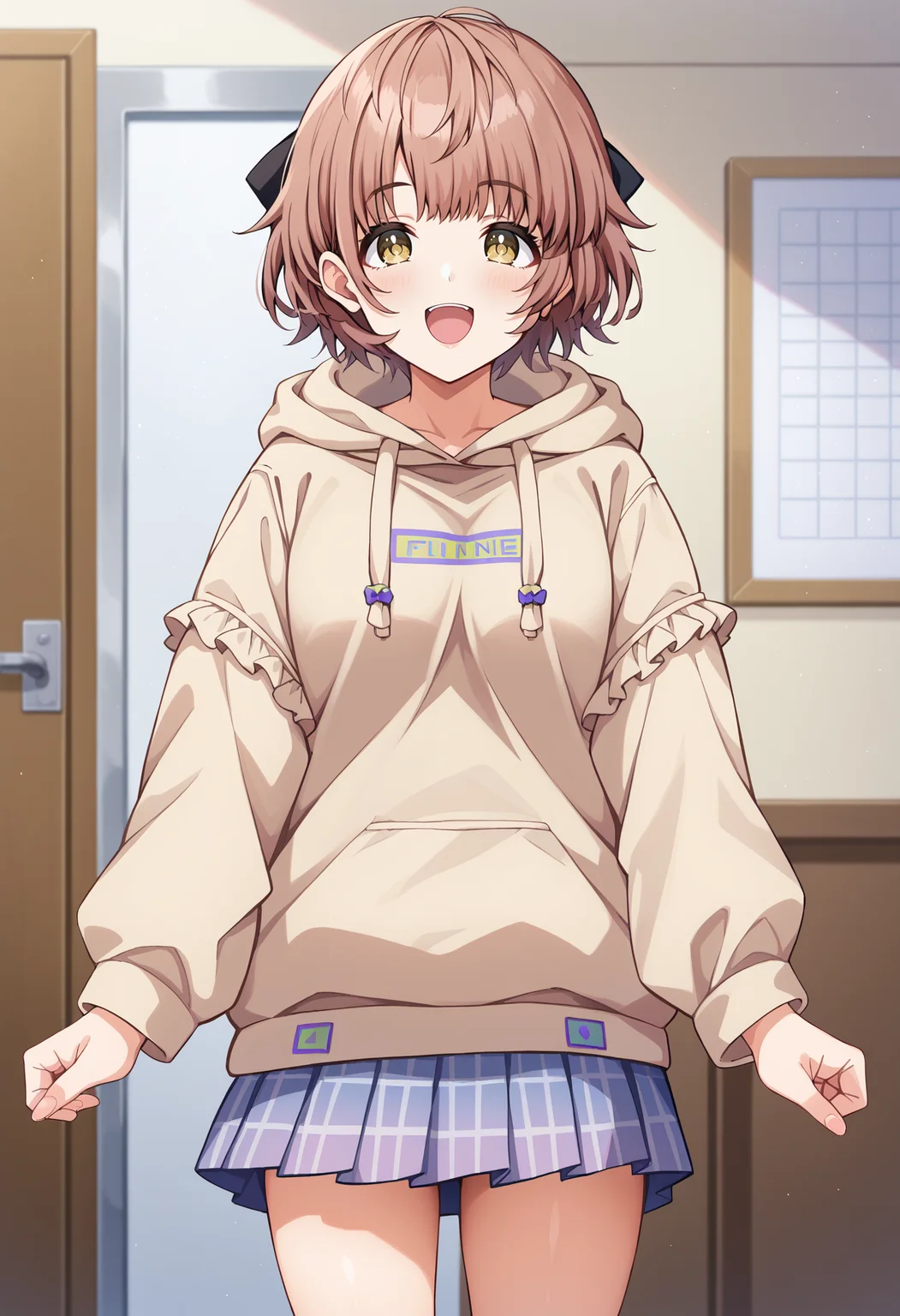 score_9, score_8_up, score_7_up, BREAK source_anime, 1girl, ikuta haruki, brown hair, short hair, hair bow, yellow eyes, brown hoodie, blue skirt, plaid skirt, looking at viewer, happy, indoors <lora:hskc-haruki-pony-v0.5:1>
