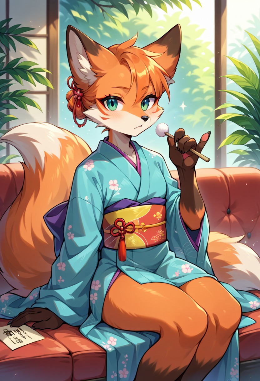 score_9, score_8, score_7, (source_furry, anthro, fox, orange fur)
lap pillow invitation, holding mimikaki,
kimono,
sitting, couch