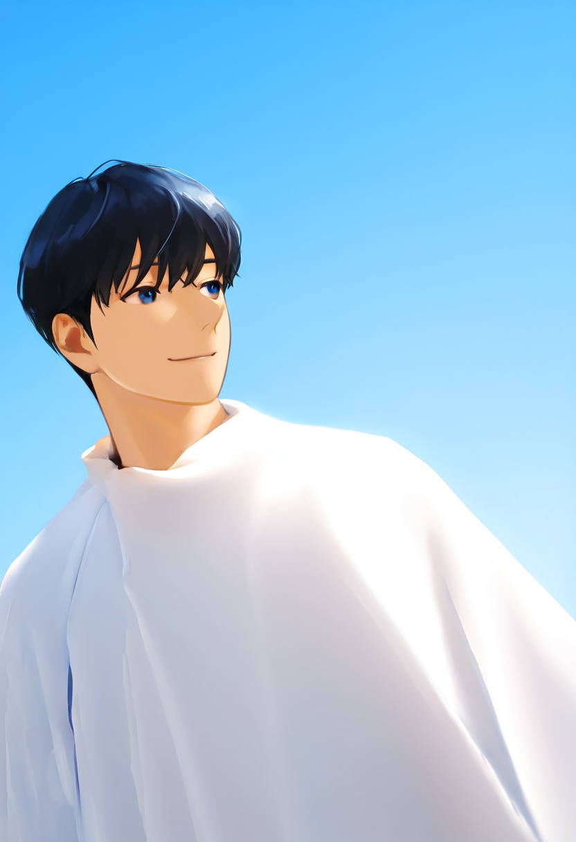<lora:AsianGuy:0.8>, AsianGuy, (nodaeng:1.5), masterpiece, ultra-HD, cinematic lighting, photorealistic, (impressionism:1.5), high detail, depth of field, (blurred background), (dramatic lighting),masterpiece, best quality, very aesthetic,8k,masterpiece, best quality, realistic, masterpiece, best quality, 8k, <lora:PenisQuiron_illus:1>, breeze style, short hair,<lora:add_detail:1>, ((handsome man:1.2, light skin)), (focus male), ((mature man:1.3)), 
<lora:Breez_Style:0.95>, breeze style, shiny skin, fair skin, smooth skin, smile, dynamic view, The image features a stylized depiction of an androgynous figure set against a vivid blue sky. The central figure has short, dark hair which cascades down their shoulders. They are wearing what appears to be a white garment that is layered and draped, enhancing the ethereal quality of the image. The style of the image is reminiscent of fashion photography or conceptual art, with a focus on form, color, and the interaction between the human figure and its environment. The main elements in the image include the human figure, who is positioned in the upper right quadrant, and their shadow, which is cast on the lower left side of the frame. The shadow is detailed and provides a sense of depth and perspective. The lighting in the image is natural, suggestive of an outdoor setting, and creates a striking contrast between the bright, blue sky and the darker tones of the figure's attire.The figure's pose and expression, with a mix of vulnerability and confidence, contribute to the overall.He has wings.