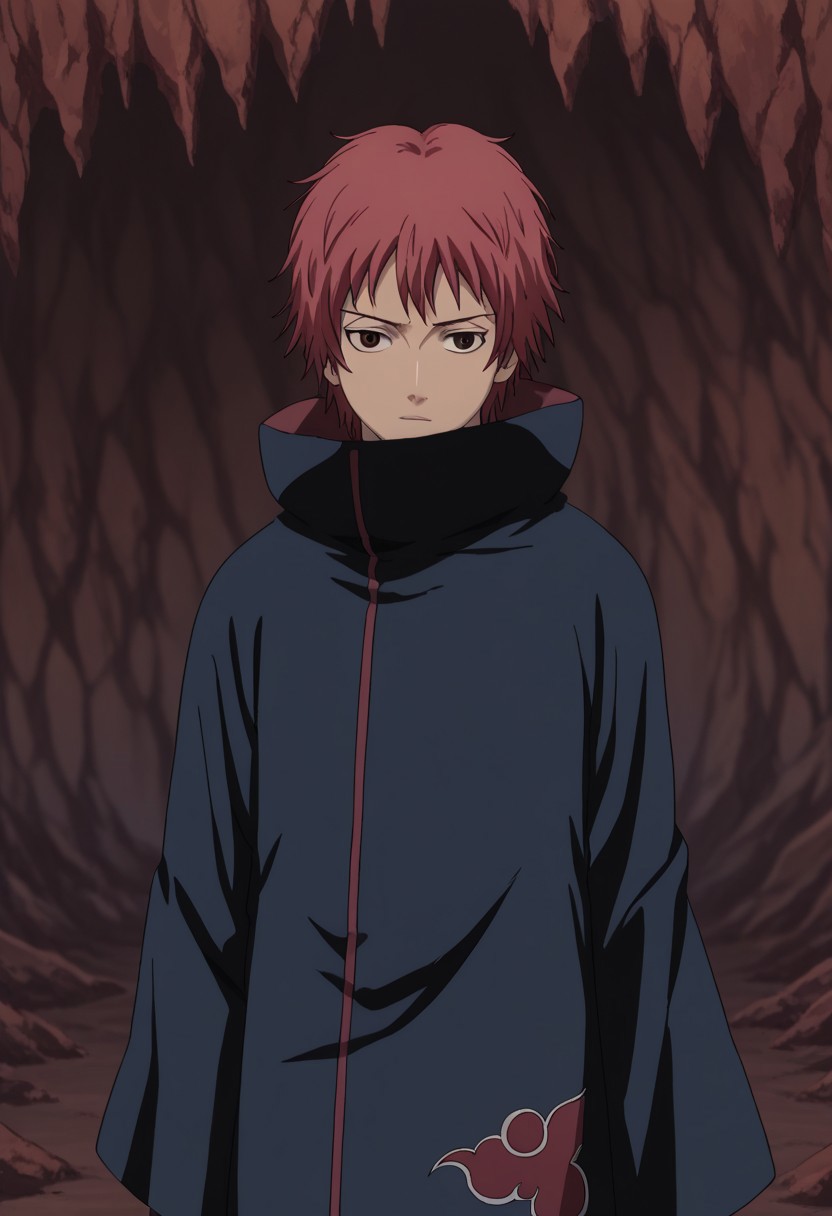 score_9, score_7_up, source_anime, 
sasori, 1boy, male focus, solo, brown eyes, red hair, robe, black robe, high collar, 
indoor, cave, shadows,