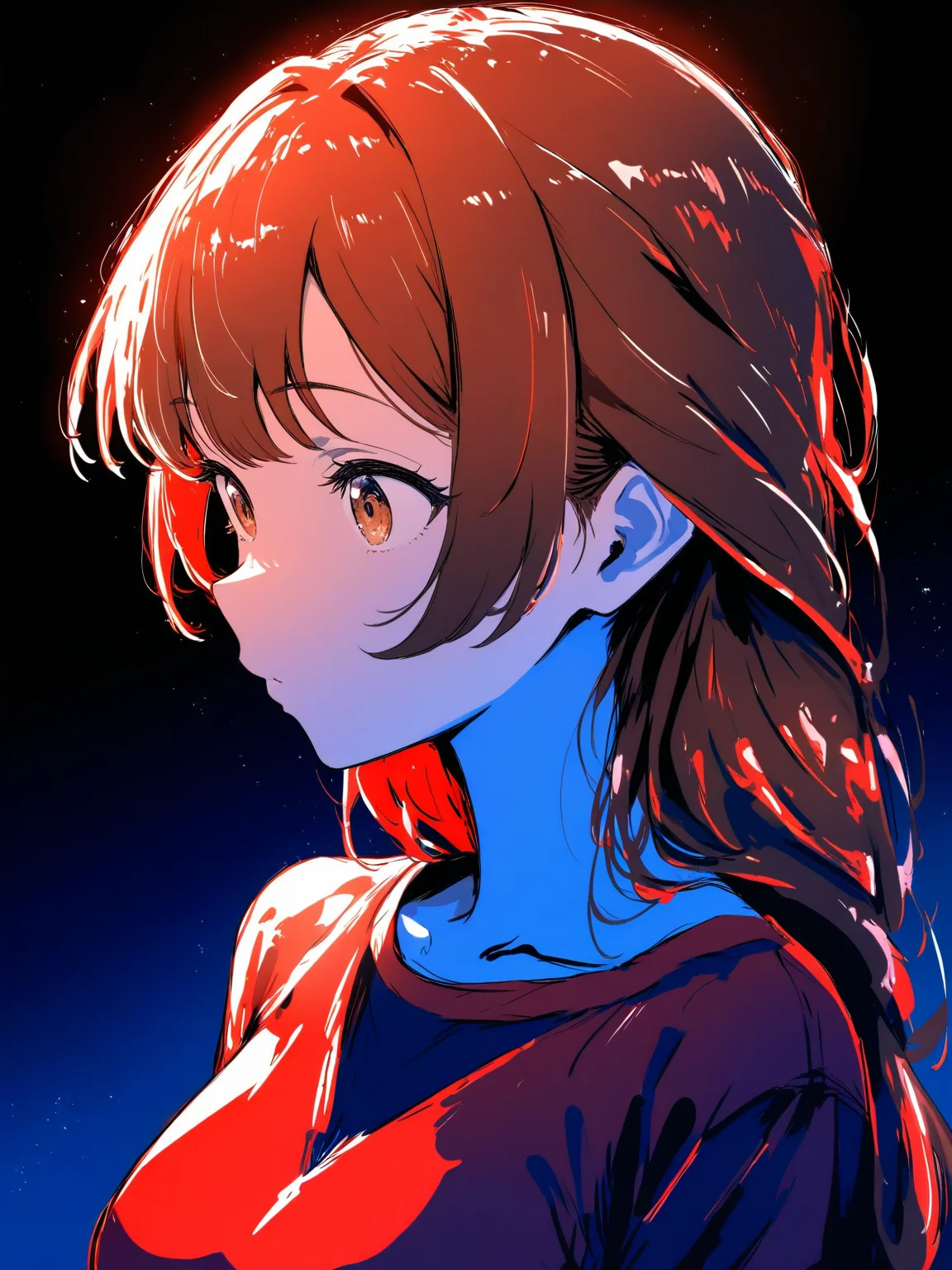masterpiece,high score,great score,absurdres,  ., (Height, Average height for her age, likely around 5 feet 6 inches (167 cm) as an adult:1), (Build, Slim but not overly athletic, with a natural, slightly willowy frame that matches her bookish lifestyle:1), (Hair, Thick, bushy brown hair, often untamed and wild in her younger years. By the time sheâs older, she tames it somewhat, but it still retains a voluminous and wavy quality:1), (Eyes, Warm brown eyes, described as bright and intelligent, reflecting her curiosity, quick thinking, and inner passion for knowledge:1), (Skin, Fair complexion with a natural, slightly rosy undertone, giving her a healthy and youthful appearance:1),, <lora:R0k00Bl0ckB0ckgr00ndHD:1>,R0k00Bl0ckB0ckgr00ndHD, scenery, black background, no humans, simple background, monochrome, still life, Focus on details, gradient, red theme, blue theme, dark,,