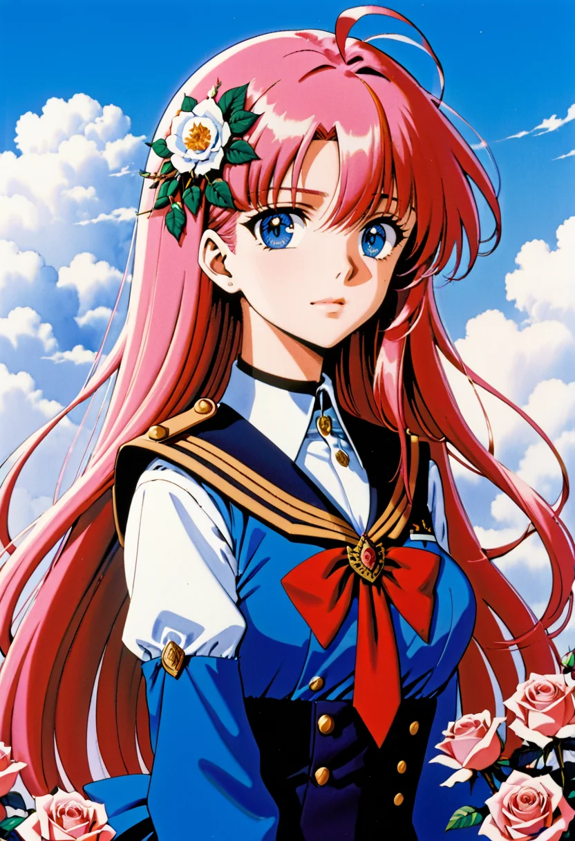 AnidskXL, 1990s (style), 1girl, aiguillette, anime coloring, blue eyes, cloud, day, epaulettes, flower, long hair, pink hair, retro artstyle, rose, school uniform, sky, solo, white flower, white rose, <lora:AnimeSDXLv1:0.8>