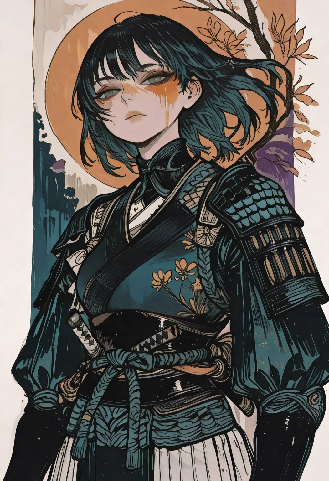 1girl, solo,
samurai,
medium chest,
dynamic composition,
detailed eyes, looking at viewer,
painted background,
Kenorland, kenorland, artist:moriimee