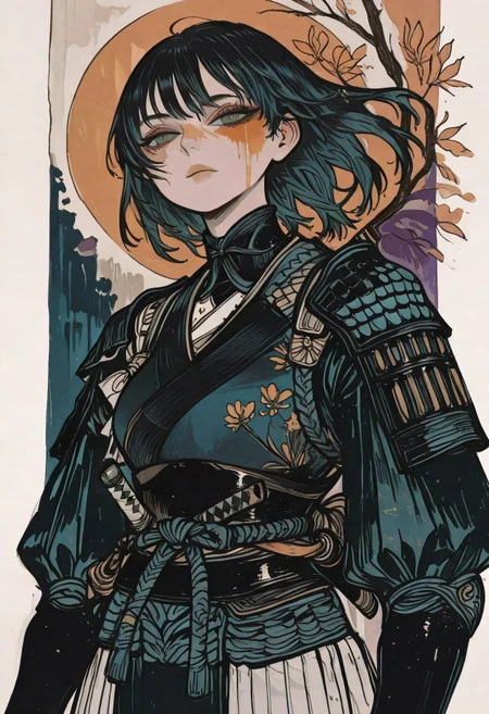 1girl, solo,
samurai,
medium chest,
dynamic composition,
detailed eyes, looking at viewer,
painted background,
Kenorland, kenorland, artist:moriimee