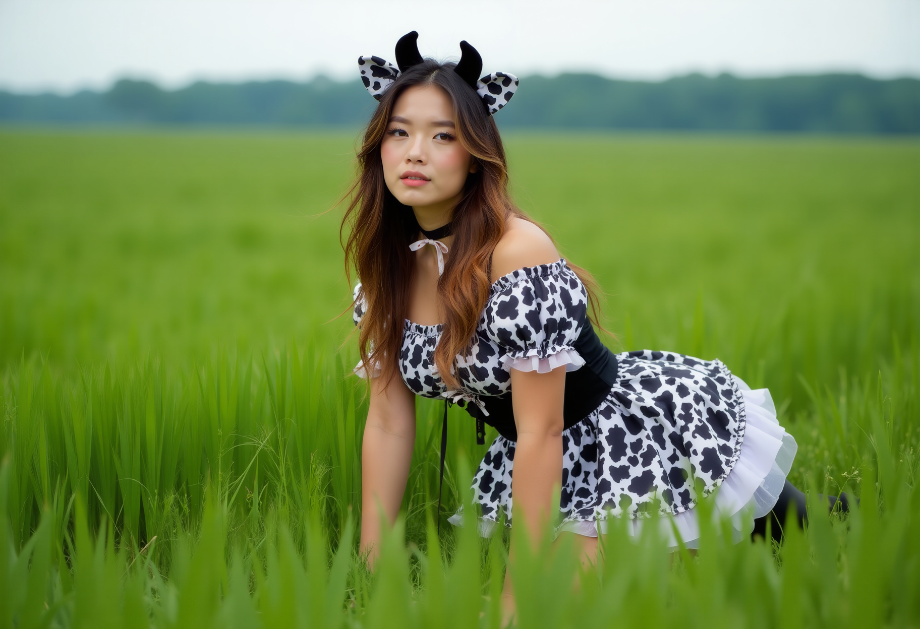 a woman on all fours in a green grass field. She is wearing a cow_dress  Looking at viewer., best quality, 4k, 8k, high resolution, cinematic, vibrant, intricate, Hyperrealistic, high detail, <lora:flux_realism_lora.safetensors:0.8> <lora:__TRAINED LORAS\CowDress_FLUX_rank16_bf16:0.8>