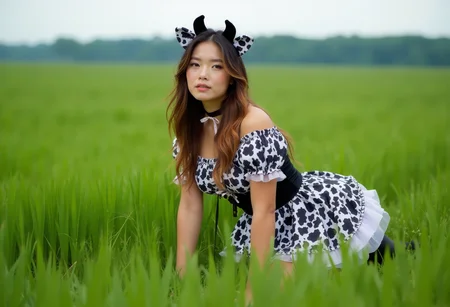 a woman on all fours in a green grass field. She is wearing a cow_dress  Looking at viewer., best quality, 4k, 8k, high resolution, cinematic, vibrant, intricate, Hyperrealistic, high detail, <lora:flux_realism_lora.safetensors:0.8> <lora:__TRAINED LORAS\CowDress_FLUX_rank16_bf16:0.8>